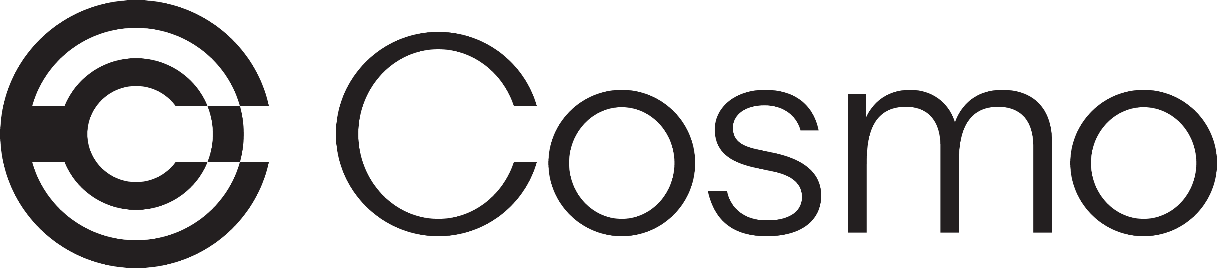 Cosmo logo featuring a circular geometric symbol followed by the word 'Cosmo' in dark lettering.
