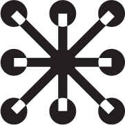 Abstract network symbol with eight spokes radiating from a central point, each ending in a circular node.