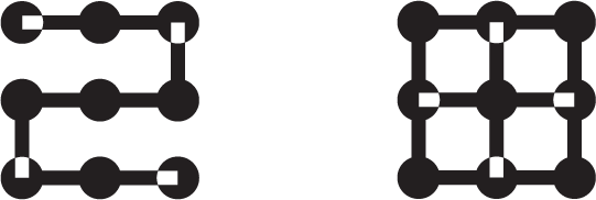 Two contrasting network diagrams: an open zigzag path of connected nodes on the left and a structured grid of connected nodes on the right.