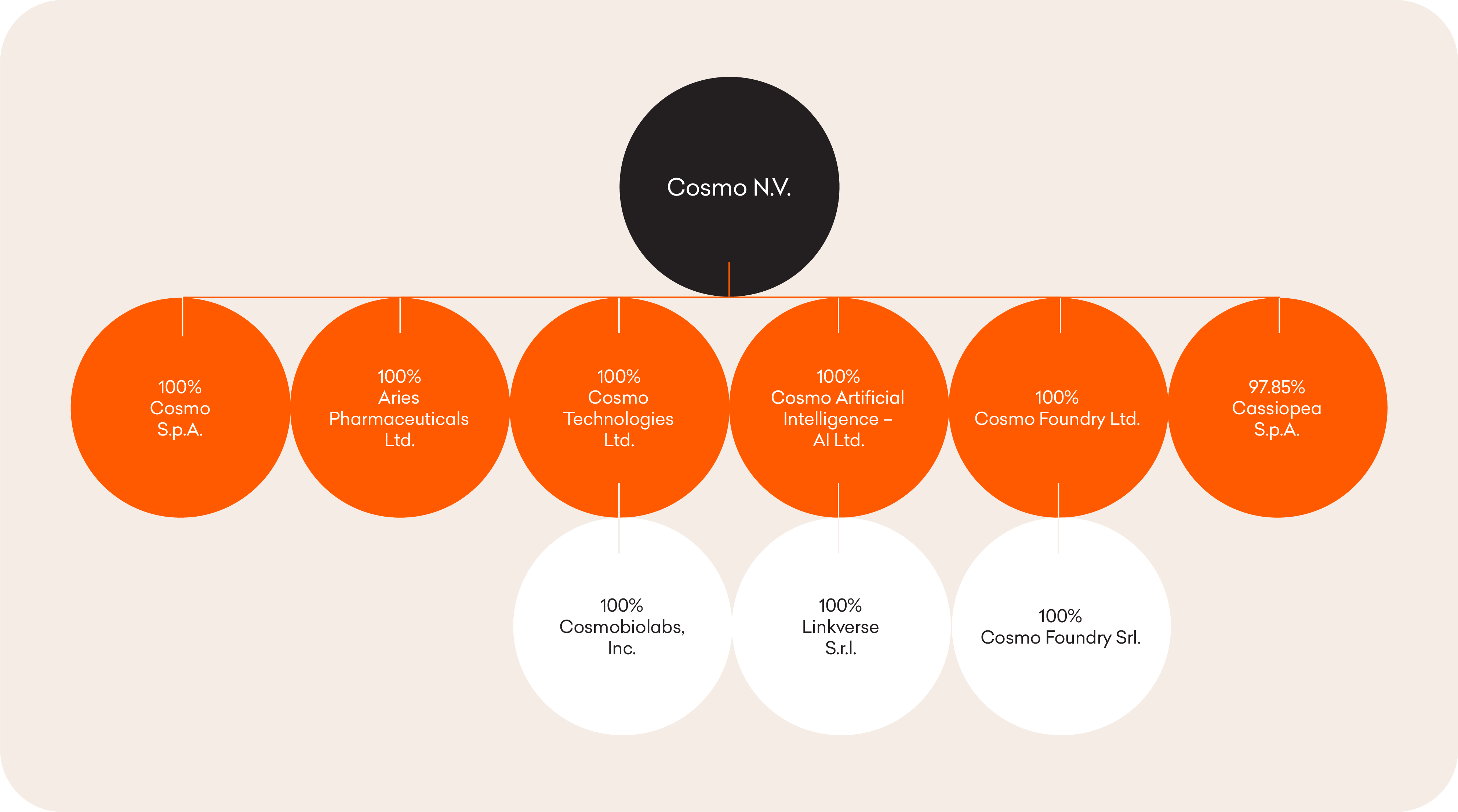 Corporate structure chart showing Cosmo Pharmaceuticals N.V. and its ownership interests in seven subsidiaries, including six wholly owned entities and a 97.85% stake in Cassiopea S.p.A.