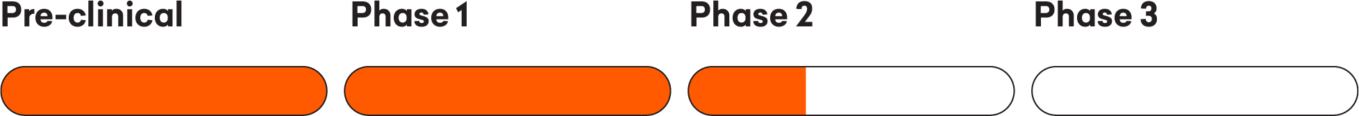 Drug development timeline showing completed Pre-clinical and Phase 1 stages, with early progress through Phase 2 and Phase 3 yet to begin.