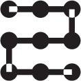 Three horizontal connected-node symbols stacked vertically, each consisting of three circular nodes linked by straight lines.