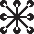 Abstract network symbol with eight spokes radiating from a central point, each ending in a circular node.